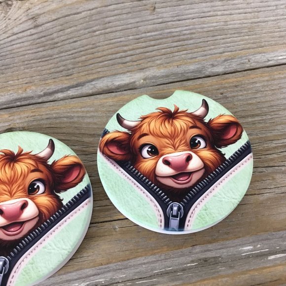 Highland Cow Peek-a-Boo Zipper Car Coasters Set of 2 - Picture 4 of 6